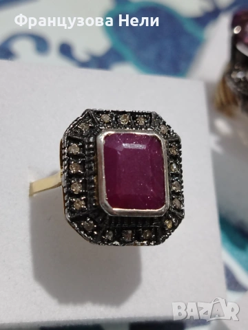 Златен пръстен 14 к, с Рубин и Диаманти, снимка 2 - Пръстени - 53830719