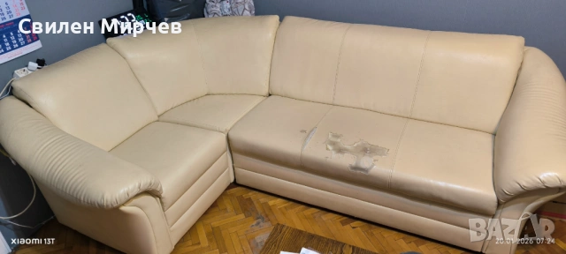 Ъглов диван еко-кожа-за ремонт (претапициране)
