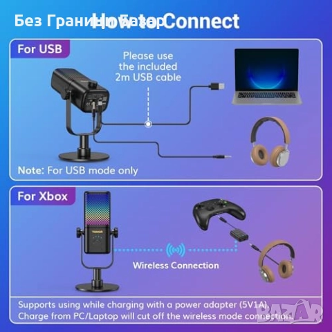 Нов Геймърски безжичен микрофон с RGB светлини, 15ч работа, USB съвместим, снимка 4 - Микрофони - 51679756