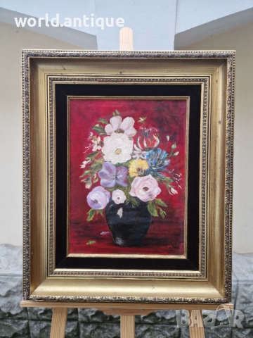 Красив антикварен авторски натюрморт масло върху платно , снимка 2 - Картини - 52990853