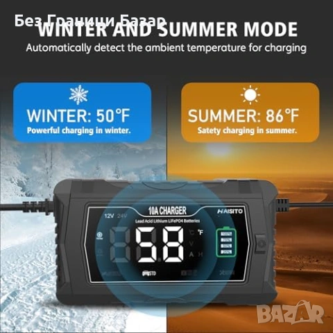 Ново Смарт зарядно 10A 12V/24V ремонт режим дисплей за акумулатори кола, снимка 6 - Друга електроника - 53685862