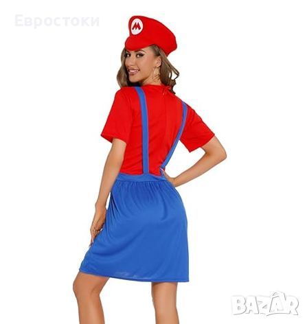 Дамски костюм Super Mario, дамски карнавален костюм Супер Марио с рокля, шапка и мустаци, размер: М, снимка 6 - Костюми - 46739800