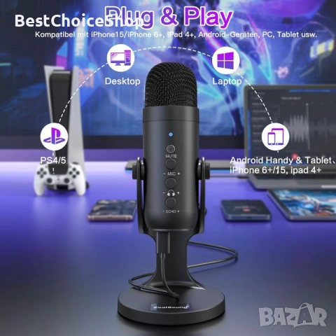  USB кондензаторен микрофон за PC, Mac, мобилен телефон, PS4, PS5,  за игри, подкаст, запис, стрийм, снимка 9 - Микрофони - 53614890