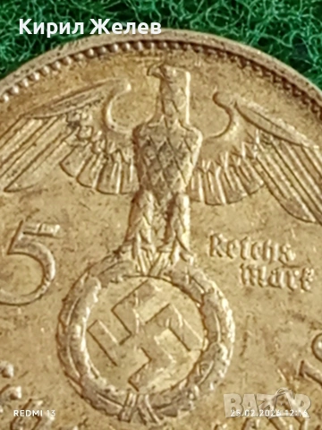 Сребърна монета 5 райхсмарки 1939г. Германия Трети Райх с Свастика за КОЛЕКЦИОНЕРИ 76551, снимка 3 - Нумизматика и бонистика - 53616612