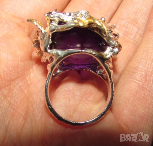 925 сребърен пръстен с аметист 34карата, размери 21x18мм, общо тегло 22.1гр., снимка 5 - Пръстени - 46409881