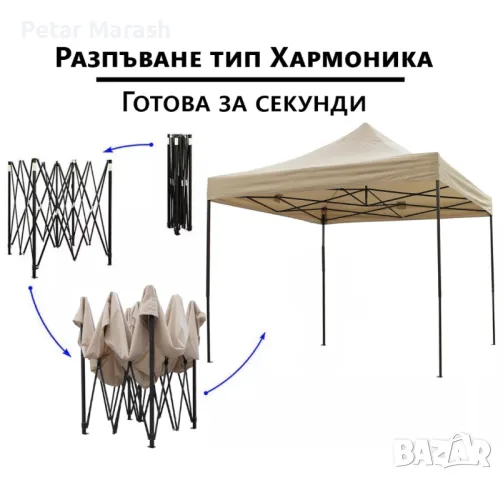 Сгъваема Шатра ЛУКС Бежов 3×3м – подсилена конструкция, UV и водоустойчив плат, снимка 5 - Други - 50365948