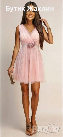 Дамска тюлена рокля със сатенени цветенца , снимка 3 - Рокли - 54232851