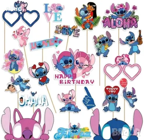 22 бр Лило и Стич Stitch забавни клечки за фото Props пропс топери топер декор парти маски маска , снимка 2 - Други - 50062024