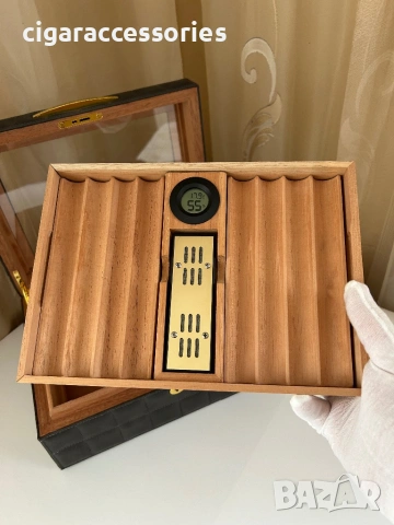 Хумидор за 50 пури – кедър, кожа, стъкло, дигитален хигрометър, снимка 4 - Табакери - 54061129