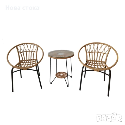 Градински комплект – маса с 2 стола, PVC ратан с черна метална рамка, снимка 4 - Градински мебели, декорация  - 54006653