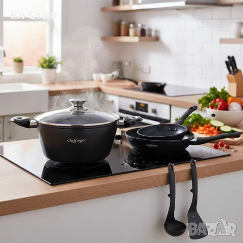 Комплект съдове за готвене 6 части Cheffinger – тенджера 24 см, тигани 24 и 28 см, за индукция