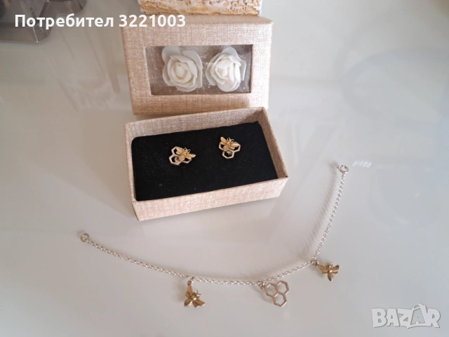 Комплект сребърна гривна и обеци пчели, снимка 5 - Гривни - 54219036