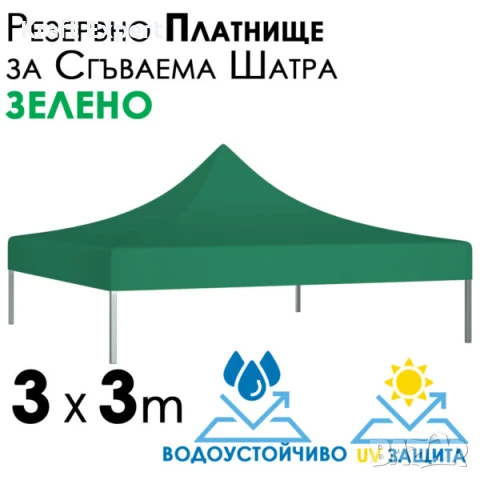 Зелено платнище за шатра 3×3 – Водоустойчиво и UV защитено покривало за градинска сгъваема тента, снимка 1