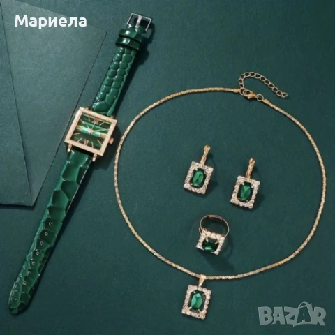 Елегантен комплект часовник и бижута с зелени кристали и златист корпус