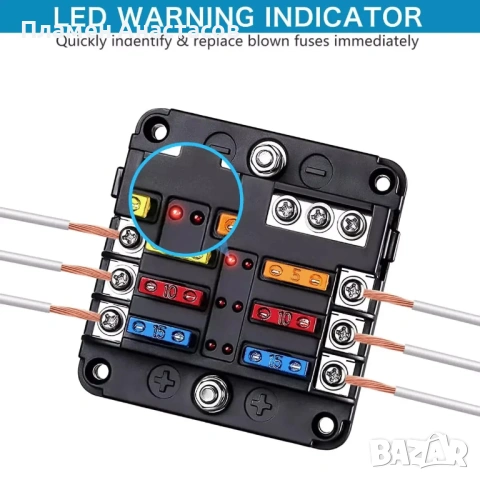 12V 6 Circuit Fuse Box Kit – 6-канална кутия за предпазители с LED индикация, 30A, 32V DC (черна), снимка 3 - Друга електроника - 53271895
