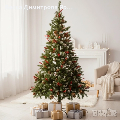 Изкуствена елха Luxury Diamond с червен глог и шишарки