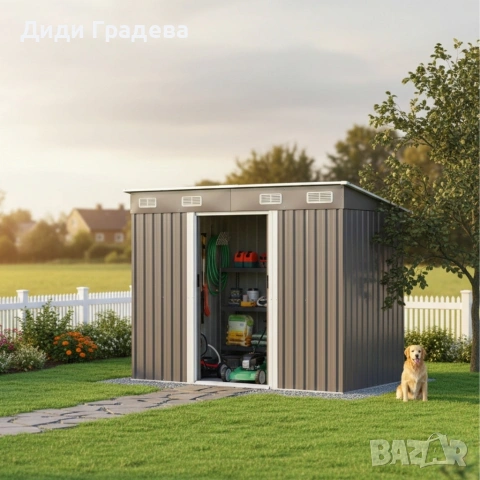 Метална градинска къща за инструменти с вентилация и заключване