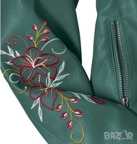 Макси зелено кожено яке с бродерия на ръкава , снимка 3 - Якета - 54003918