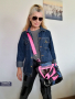 Розова кожена чанта,Джинсова дамска чанта,Голяма чанта от естествена кожа, снимка 1