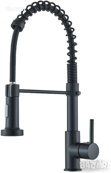 Смесител за кухненска мивка с издърпващ се чучур, месингов моноблоков, черен, снимка 1
