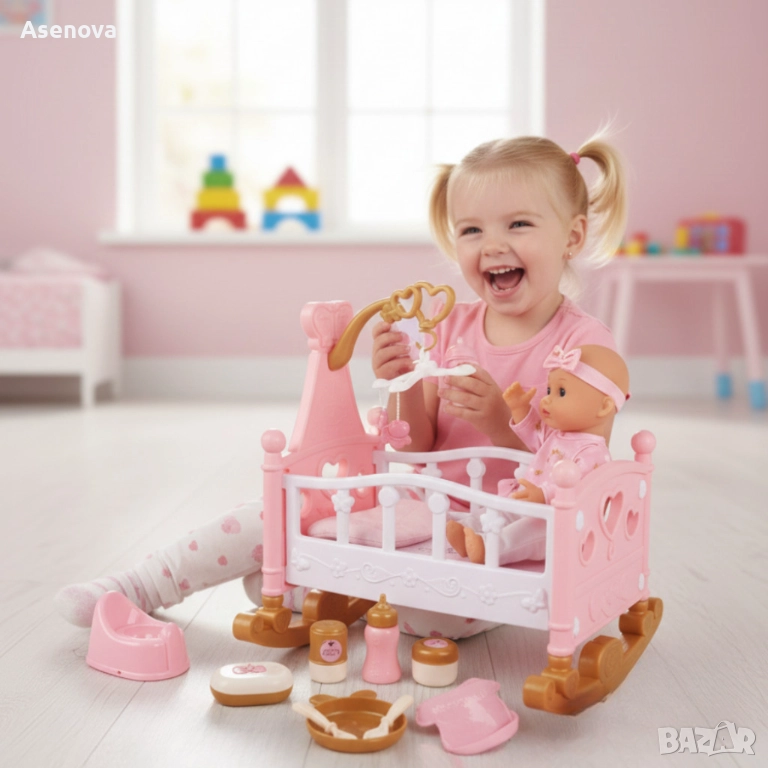 Комплект с бебе и легълце – Идеален подарък с 13 аксесоара за малки принцеси, снимка 1