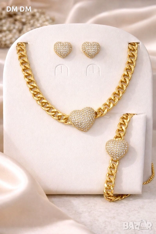 Heart Glam Set 💖 колие, гривна и обеци със сърца, снимка 1