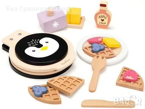 Нова играчка Дървена кухня за деца – пингвин гофретник, плодове и прибори, снимка 1