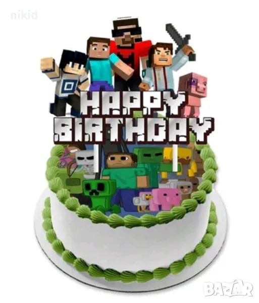 2 вид Happy Birthday Minecraft Майнкрафт картонен топер табела надпис украса торта рожден ден парти, снимка 1