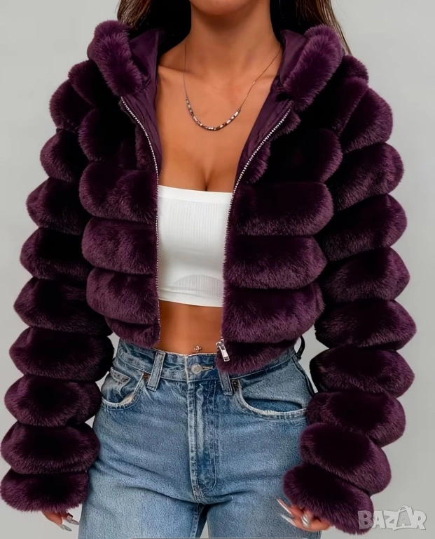 Късо пухкаво якенце с качулка в тъмно бордо , снимка 1