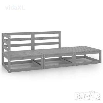 vidaXL Градински лаундж комплект, 3 части, сив, бор масив, снимка 1