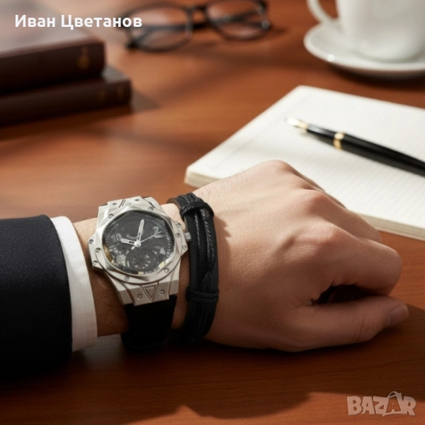 Мъжки подаръчен комплект – стилен часовник и черна гривна, снимка 1