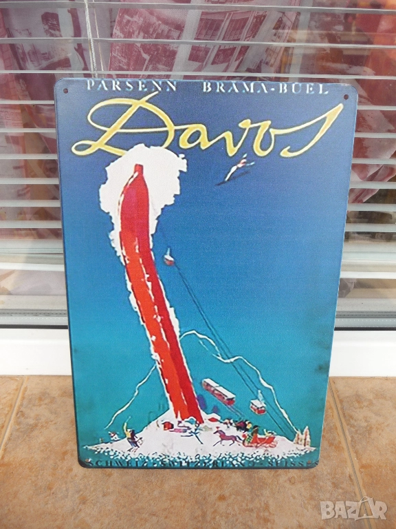 Метална табела разни Давос ски курорт Източни Алпи Швейцария лифт спускане зимен луксозен дестинация, снимка 1