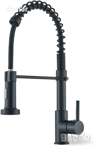 Смесител за кухненска мивка с издърпващ се чучур, месингов моноблоков, черен, снимка 1
