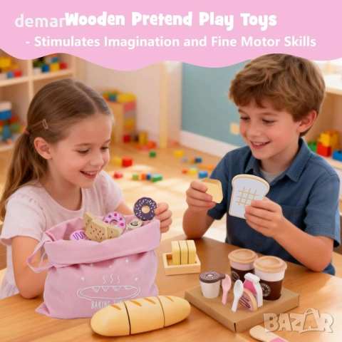 Дървен комплект играчки с храна за пекарна, 23 части, аксесоари за игра в кухнята, снимка 2 - Образователни игри - 54028771