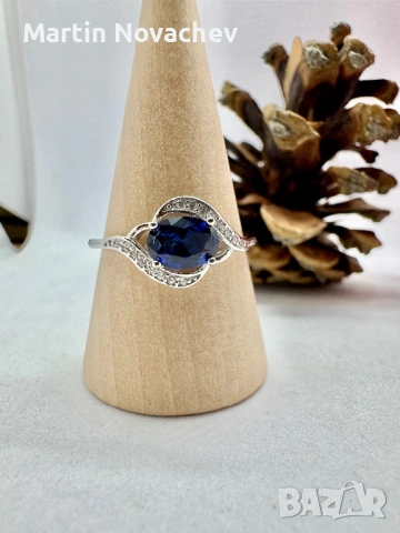 Сребърен пръстен със синтетичен сапфир, снимка 3 - Пръстени - 53502917