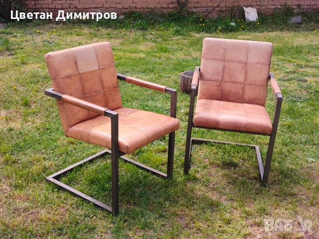 Конзолен трапезен стол в ретро индустриален стил, изработен от естествена кожа и метал. , снимка 5 - Столове - 54179904