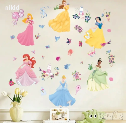 6 принцеси птички цветя самозалепващ стикер лепенка за стена мебел прозорец детска стая детски
