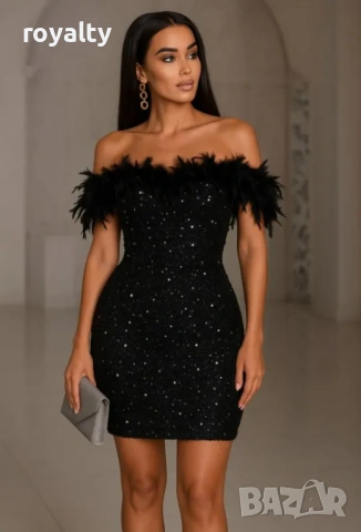 Къса парти рокля в черно от пайети с пера, снимка 3 - Рокли - 53528149