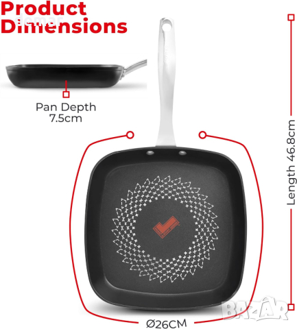 Tower T900307 SmartStart 26 см алуминиев грил тиган с незалепващо покритие Aeroglide, индукционен, снимка 3 - Съдове за готвене - 44993680