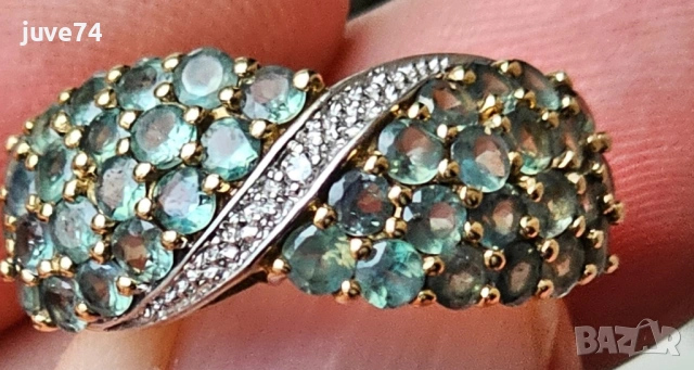 ЗЛАТЕН ПРЪСТЕН С ЕСТЕСТВЕНИ АЛЕКСАНДРИТИ (ТАНЗАНИЯ) И ДИАМАНТ (АФРИКА), снимка 2 - Пръстени - 53684943