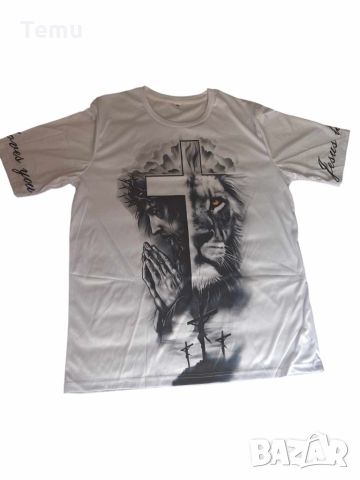 Стилна мъжка елегантна тениска с къс ръкав, шарка на кръст и лъв, снимка 4 - Тениски - 46102493