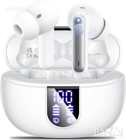 Безжични слушалки Bluetooth 5.3, 42 часа възпроизвеждане LED дисплей IP7 водоустойчиви, бели;черни