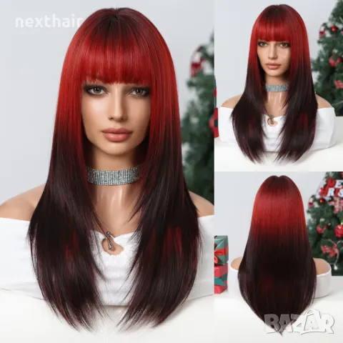Ефектна омбре перука черно червена с бретон 60 см, снимка 2 - Аксесоари за коса - 50191899