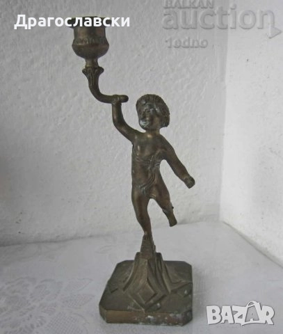 Стари свещници, свещник стар метален 24 см с момче фигура антика, снимка 6 - Антикварни и старинни предмети - 28874507