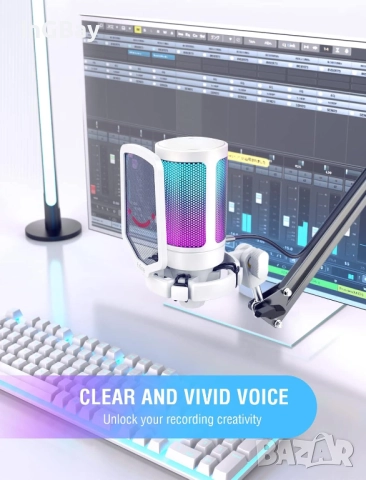 Mикрофон FIFINE A2 с RGB подсветка + стойка, USB Type-C, Бял, снимка 2 - Друга електроника - 51840926