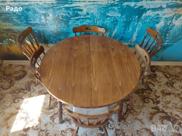 Трапезна разтегателна дървена дъбова маса 6 броя стола кръгла елипса 110 см столове масивна, снимка 2 - Маси - 45207452