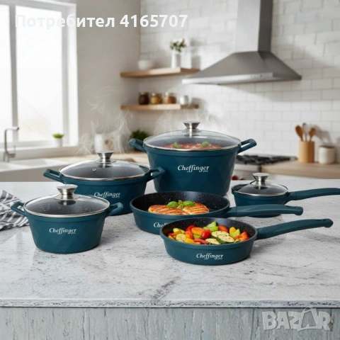 Премиум комплект съдове за готвене 12 части с мраморно покритие Cheffinger– Тенджери, тигани и касер, снимка 5 - Съдове за готвене - 53155661