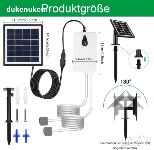Соларна въздушна помпа 2W, с USB и соларно зареждане, 2000 mAh, снимка 4 - Друга електроника - 53071555