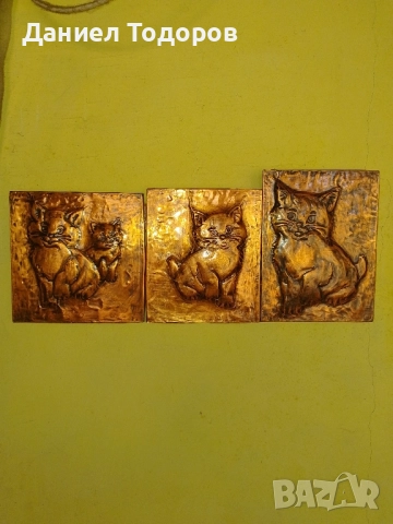 Стара Медна Декоративна Картина , Медно Пано - Котенца , снимка 4 - Картини - 51674292