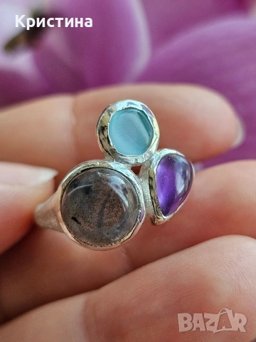 Красив сребърен пръстен с Лабрадорит, Аметист и Халцедон